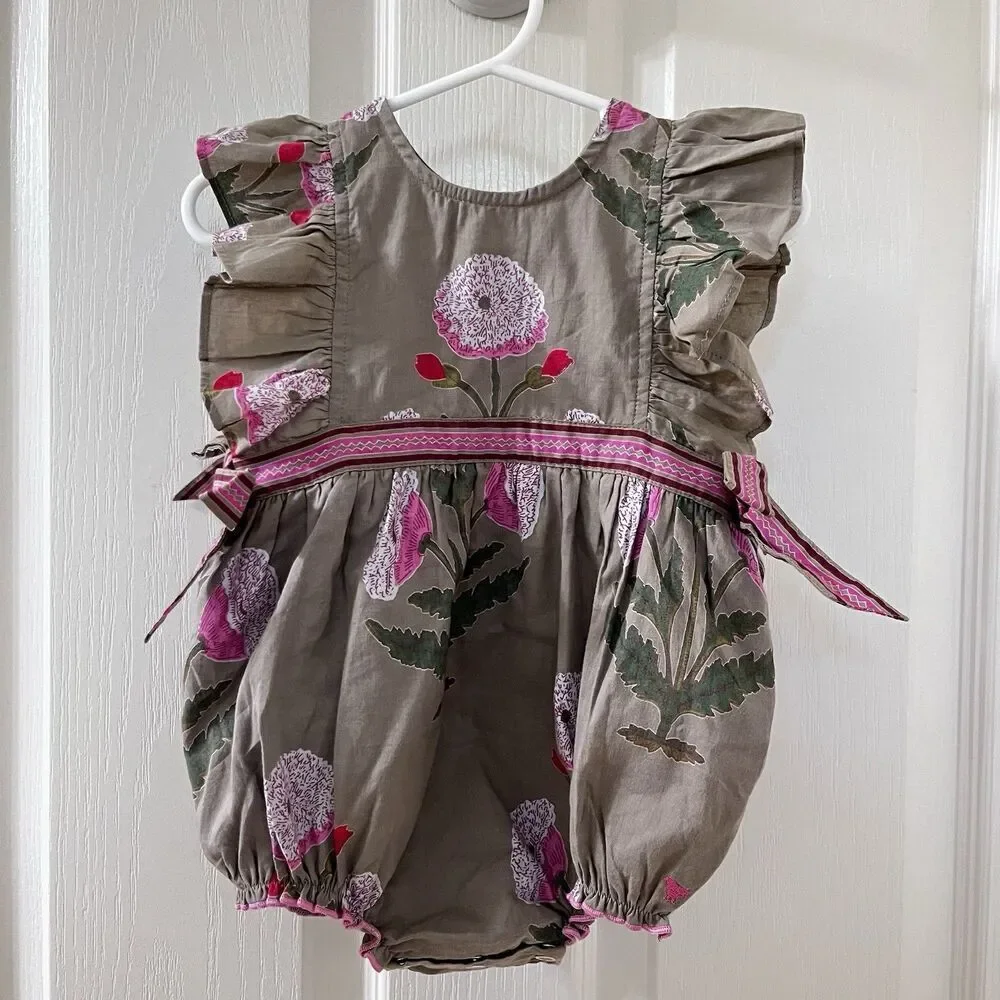 Pink Chicken Olive Green Floral Romper Side Bows Cotton Girls Size 6-12 Months